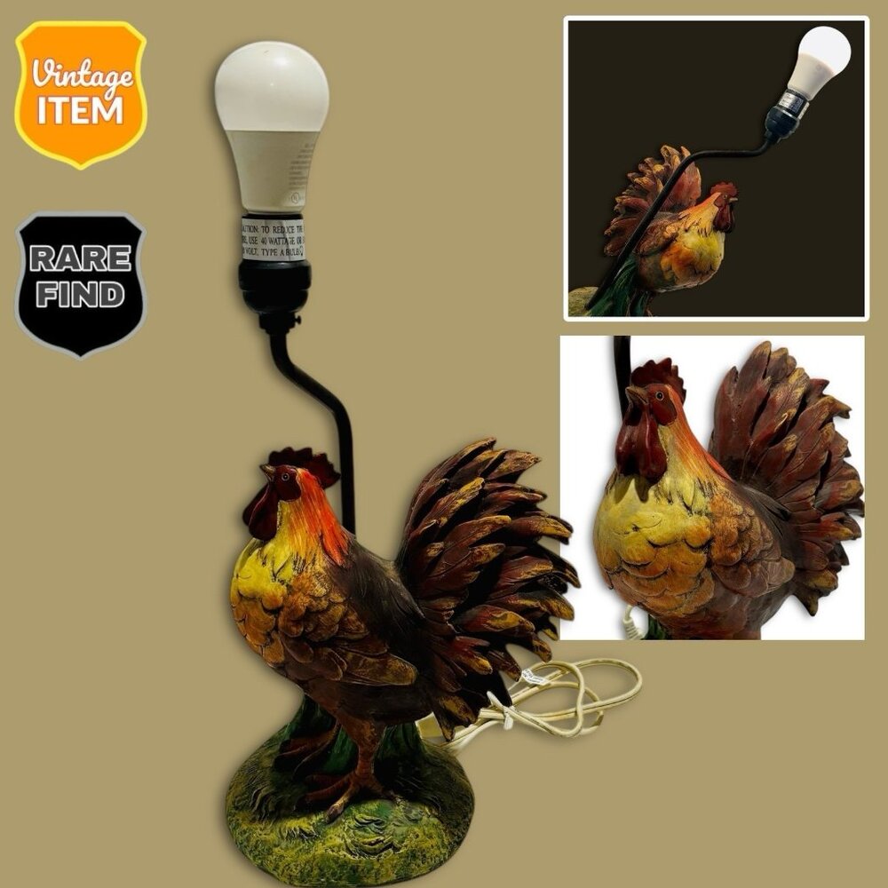 Vintage Rustic Rooster Farmhouse 15" Resin Table Lamp. No Shade. Works!